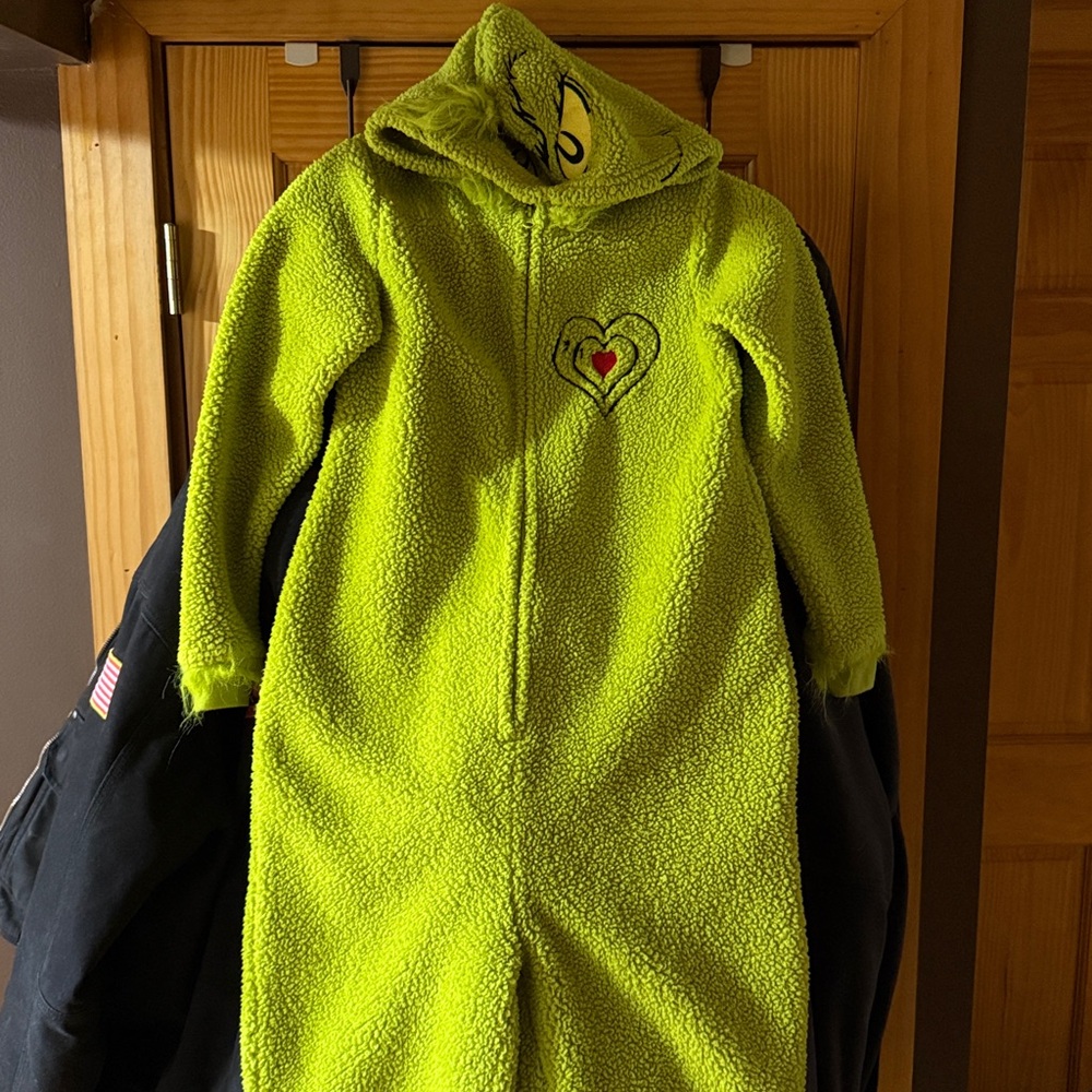 Green Fuzzy Grinch Onsie with hood.